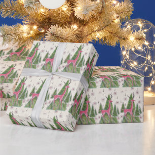 Papier Cadeau Cerf rose et arbres de Noël rétro atomique