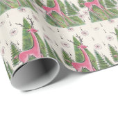 Papier Cadeau Cerf rose et arbres de Noël rétro atomique (Coin rond)