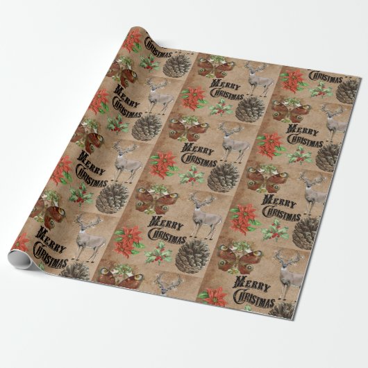 Papier Cadeau Cerf rustique vintage (Déroulé)