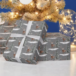 Papier Cadeau Cerfs de neiges et pins