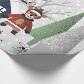 Papier Cadeau Cerfs d'hiver, arbres et maison Noël (Coin)