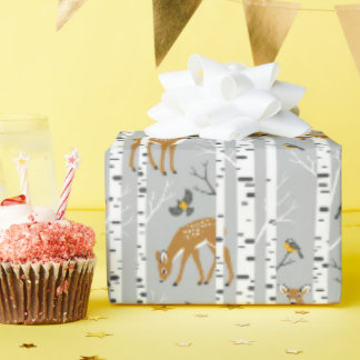 Papier Cadeau Cerfs Faons Forêt de bouleau blanc Oiseaux Cadeau