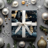 Papier Cadeau Cerfs Forêt Bleue Noire Nuit de Noël Hiver