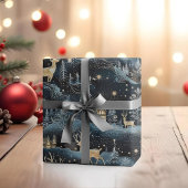 Papier Cadeau Cerfs Forêt Bleue Noire Nuit de Noël Hiver