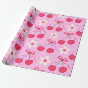 Papier Cadeau Cerises Coquettes avec Rubans Rouges et Fleurs Bla