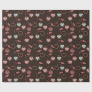Papier Cadeau cerises de cœur marron