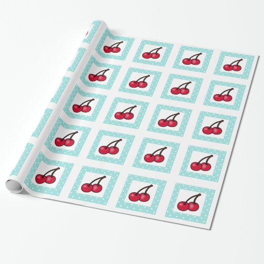 Papier Cadeau Cerises Retro Aqua Dots (Déroulé)