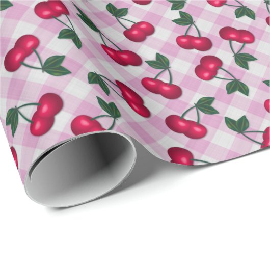 Papier Cadeau Cerises rétro en rose En vichy (Coin rond)