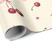 Papier Cadeau Cerises roses mignonnes coeurs rubans crème (Coin rond)