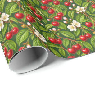 Papier Cadeau Cerises Rouge Rubis sur Fond Vert Forêt