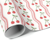 Papier Cadeau Cerises rouges avec des rayures ondulées verticale (Coin rond)