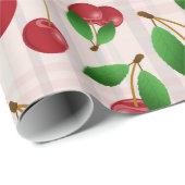Papier Cadeau cerises rouges sucrées sur plaid pastel (Coin rond)
