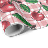 Papier Cadeau Cerises rouges sur en vichy rose (Coin rond)