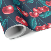 Papier Cadeau Cerises rouges sur papier d'emballage bleu foncé (Coin rond)