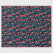 Papier Cadeau Cerises rouges sur papier d'emballage bleu foncé (Plat)