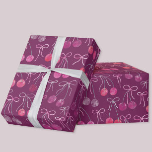 Papier Cadeau Cerises Rubans et Bows Motif d'aquarelle
