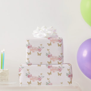 Papier Cadeau C'est une Baby Shower Fille Roses Roses et Papillo