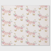 Papier Cadeau C'est une fille Baby shower rose roses et papillon (Plat)