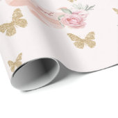 Papier Cadeau C'est une fille Baby shower rose roses et papillon (Coin rond)