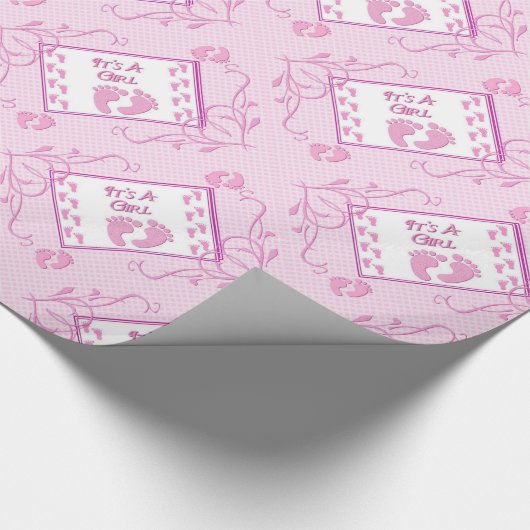 Papier Cadeau C'est une fille, empreintes roses, papier à envelo (Coin)