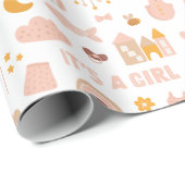 Papier Cadeau C'est une fille. Joli baby shower motif rose paste (Coin rond)