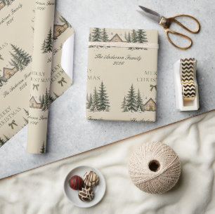 Papier Cadeau Chalet de Noël rustique en pin beige et hiver Merr