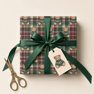 Papier Cadeau Chalet ours en peluche hiver Arc bordeaux