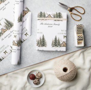 Papier Cadeau Chalet rustique d'hiver Olive Verte Joyeux Noël