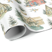Papier Cadeau Chalet Snowy Cosy Fir Trees Fête Noël (Coin rond)