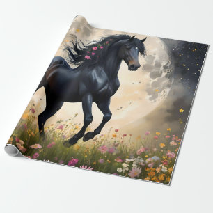 Papier Cadeau Champ de fleur de lune de cheval noir,