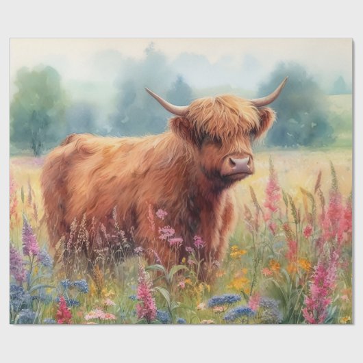 Papier Cadeau Champ de Fleur sauvage d'aquarelle de vache Highla (Plat)
