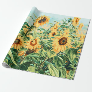 Papier Cadeau Champ de tournesol Découpage Turquoise jaune Art 