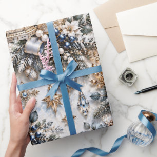 Papier Cadeau Champagne Bleu Glacé Noël Hiver