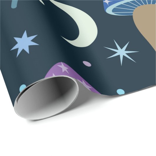 Papier Cadeau Champignon spatial avec lune et étoiles (Coin rond)