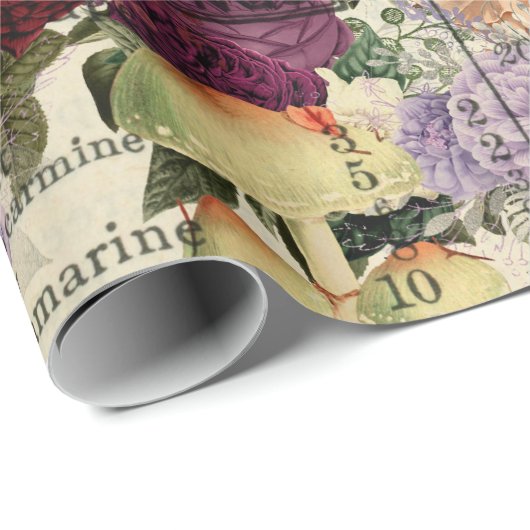 Papier Cadeau Champignons Bois Antique Ephémère Marsala Rouge (Coin rond)