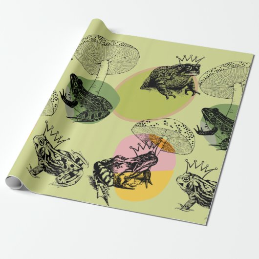 Papier Cadeau Champignons de forêt enchantés et grenouilles sur  (Déroulé)