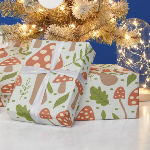 Papier Cadeau Champignons en terre cuite avec feuilles vertes