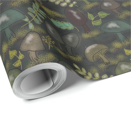 Papier Cadeau Champignons Moody Sage foncé Brown gris vert (Coin rond)
