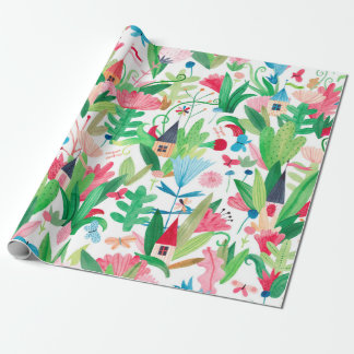 Papier Cadeau Champs de fleurs et de plantes avec petites maison