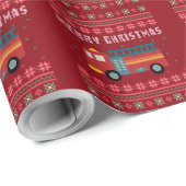 Papier Cadeau Chandail de Noël moche pour camion de pompiers (Coin rond)
