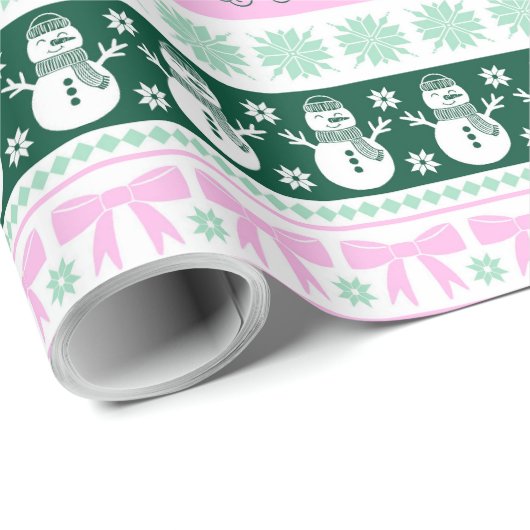 Papier Cadeau Chandail moche de Noël Motif rose et vert (Coin rond)