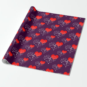 Papier Cadeau Chanter Motif de coeur. Coeurs rouges, notes blanc