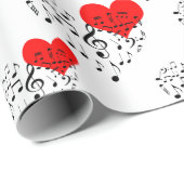 Papier Cadeau Chanter Motif de coeur. Coeurs rouges, notes noire (Coin rond)