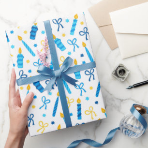 Papier Cadeau Chanukah bougies brûlant blanc bleu or