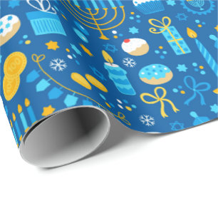 Papier Cadeau Chanukah Célébrer Gelt Etoiles juives Snowflakes