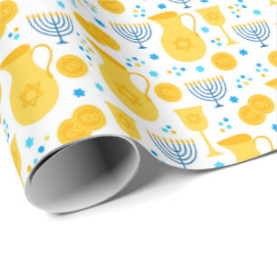 Papier Cadeau Chanukah Menorahs Gelt Pitcher Oil Blanc Or bleu