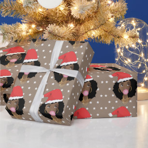 Papier Cadeau Chapeau de Noël, Femme noire, Bubblegum, Étoiles