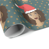 Papier Cadeau Chapeau de Noël, Femme noire, Points Brown, Turquo (Coin rond)
