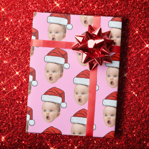 Papier Cadeau Chapeau de Père Noël personnalisé rose avec visage