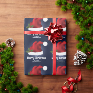 Papier Cadeau Chapeau de Santa Festif Rouge sur Fond Bleu avec T